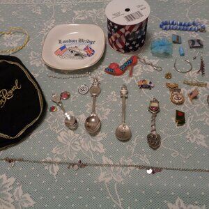VINTAGE SEAGRAMS BAG LONDON PLATE RIBBON OLD SPOONS JEWELRY PARTS ETC. L…